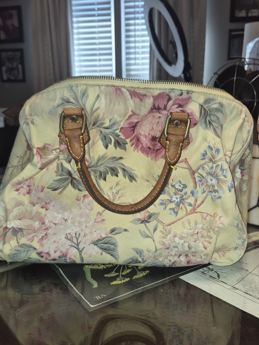 VINTAGE Ralph Lauren Pink Floral Canvas Tote with Brown Leather Handles - Picture 14 of 15